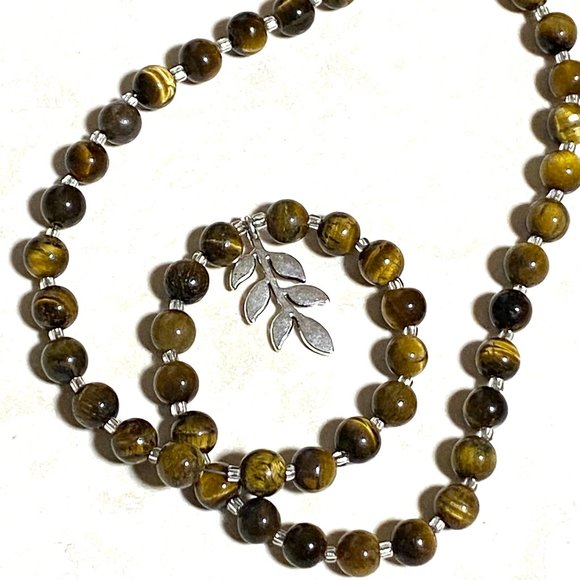 Tigers Eye Stone Silver Leaf Branch Necklace, Genuine Gemstone Beaded Necklace - Picture 8 of 10